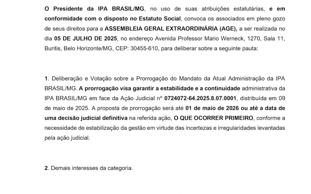 Edital de Convocação da AGE IPA BRASIL-MG – Maio 2025